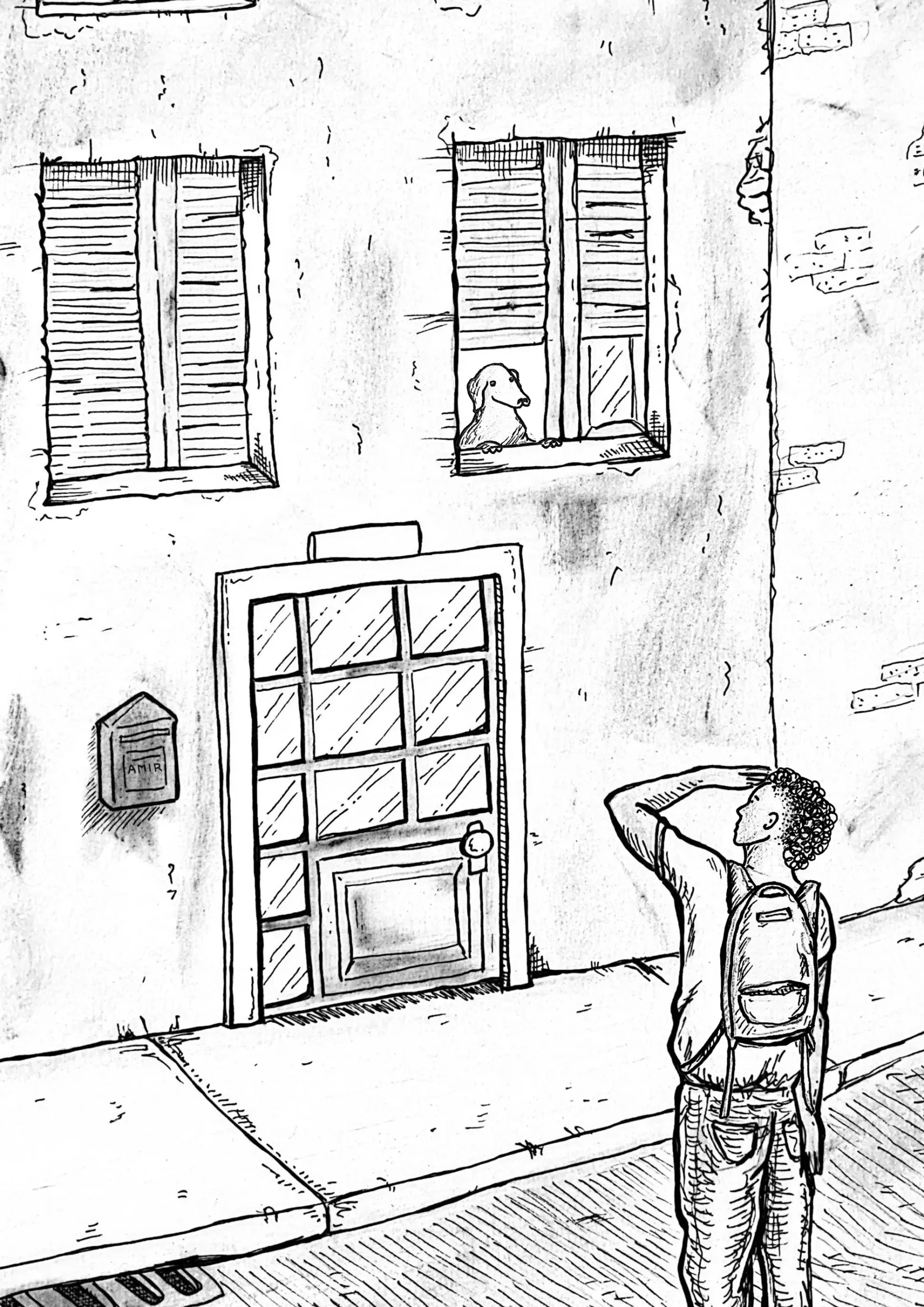 Leo standing outside Amir's door, a dog watching from the window